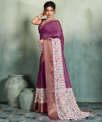 Wine floral polka linen bollywood saree with blouse 3