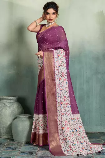 Wine floral polka linen bollywood saree with blouse
