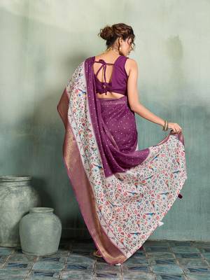 Wine floral polka linen bollywood saree with blouse 4