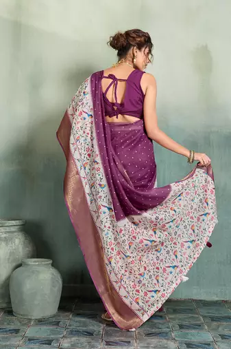 Wine floral polka linen bollywood saree with blouse