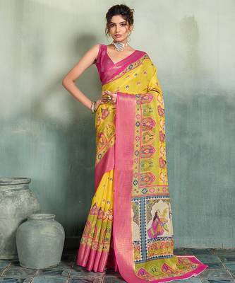 Yellow floral linen kalamkari saree with blouse 1