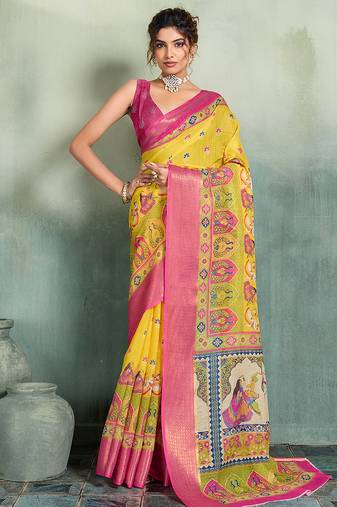 Yellow floral linen kalamkari saree with blouse