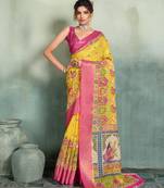 Yellow floral linen kalamkari saree with blouse