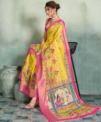 Yellow floral linen kalamkari saree with blouse 2