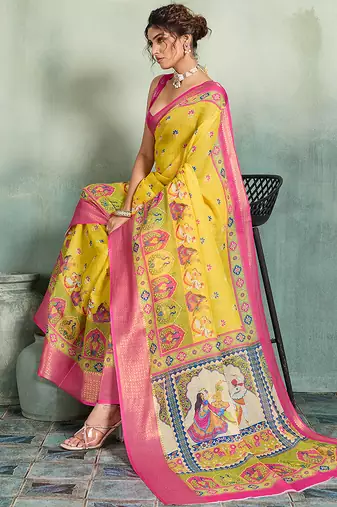 Yellow floral linen kalamkari saree with blouse