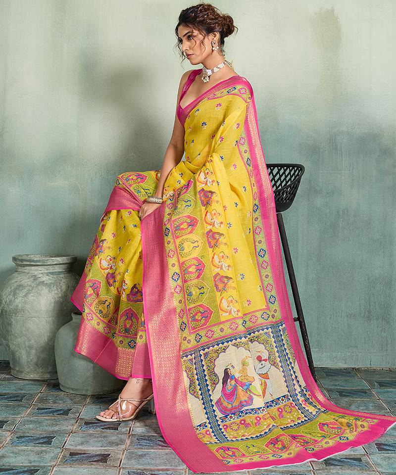 Yellow floral linen kalamkari saree with blouse