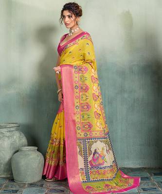 Yellow floral linen kalamkari saree with blouse 3