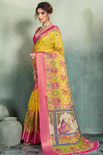 Yellow floral linen kalamkari saree with blouse