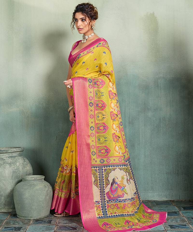 Yellow floral linen kalamkari saree with blouse