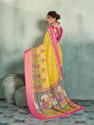 Yellow floral linen kalamkari saree with blouse 4