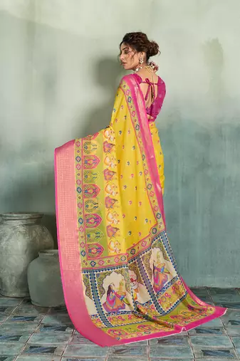Yellow floral linen kalamkari saree with blouse