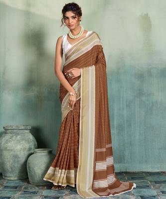 brown woven design cotton blend bollywood saree with blouse 1
