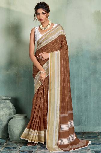 brown woven design cotton blend bollywood saree with blouse