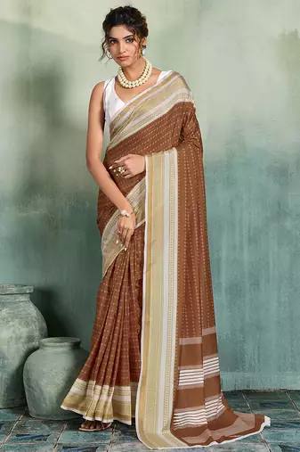 brown woven design cotton blend bollywood saree with blouse