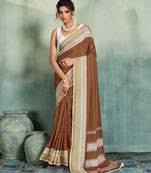 brown woven design cotton blend bollywood saree with blouse