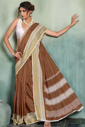 brown woven design cotton blend bollywood saree with blouse