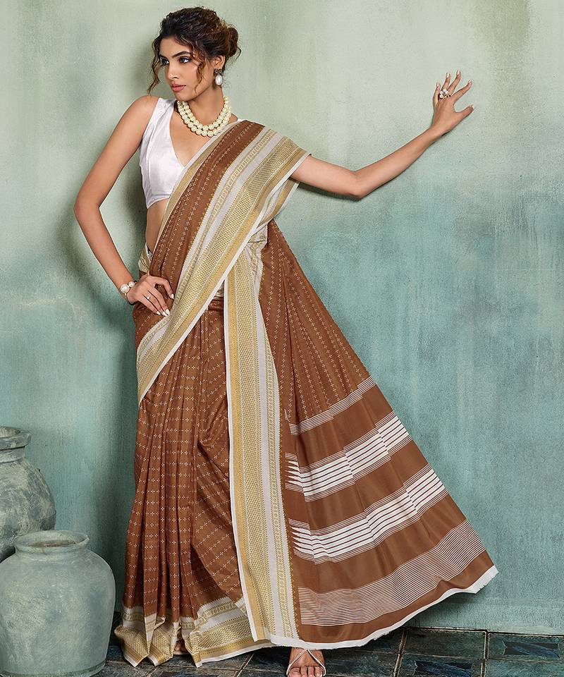 brown woven design cotton blend bollywood saree with blouse