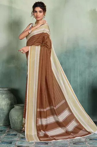 brown woven design cotton blend bollywood saree with blouse
