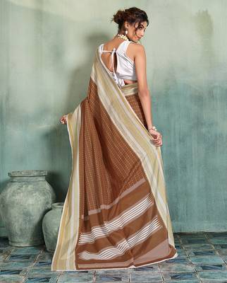 brown woven design cotton blend bollywood saree with blouse 4