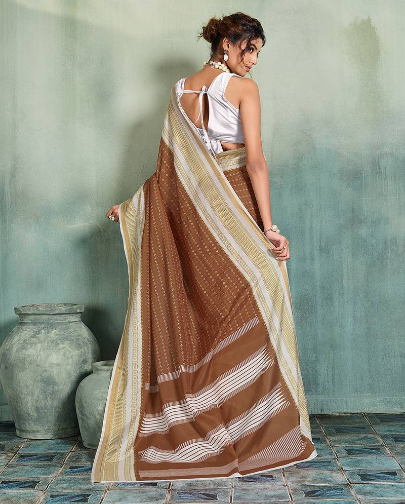 brown woven design cotton blend bollywood saree with blouse