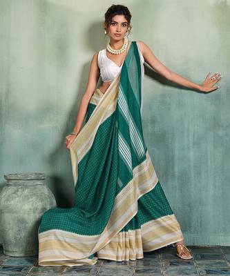 green woven design cotton blend bollywood saree with blouse 2