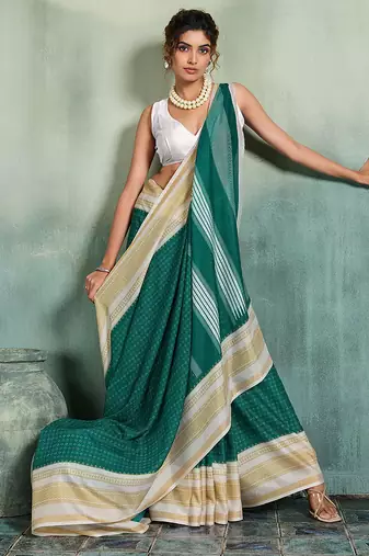 green woven design cotton blend bollywood saree with blouse