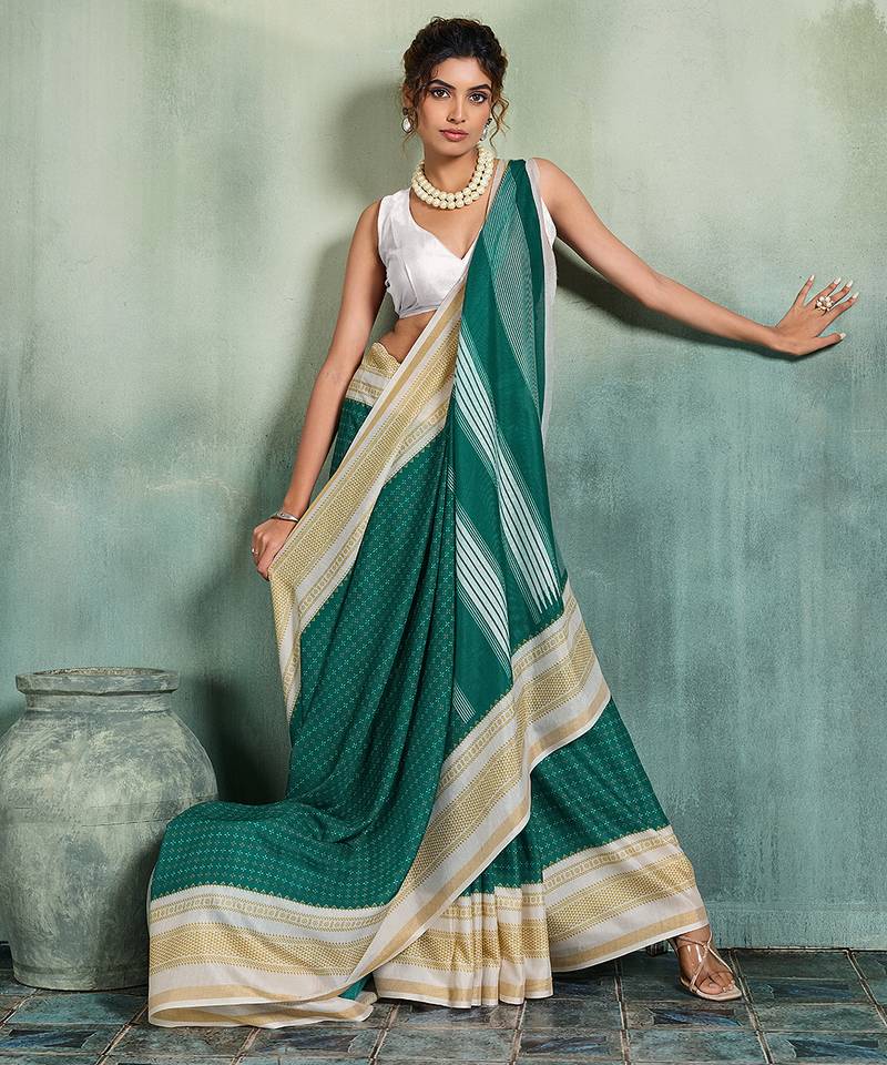 green woven design cotton blend bollywood saree with blouse
