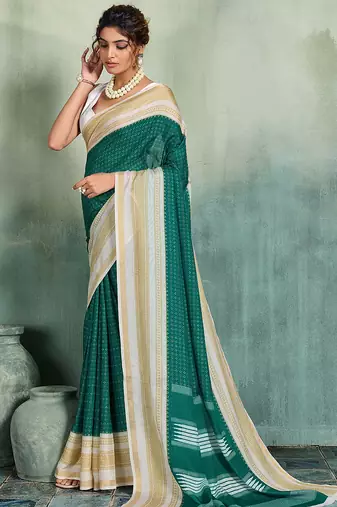 green woven design cotton blend bollywood saree with blouse
