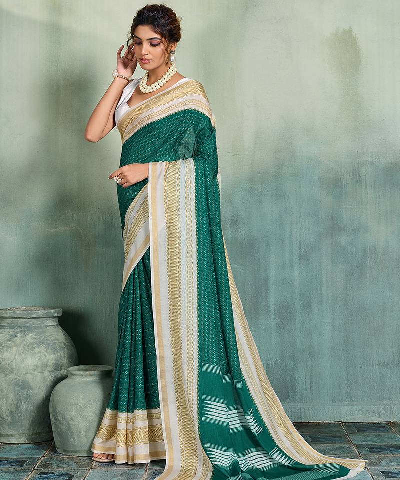 green woven design cotton blend bollywood saree with blouse
