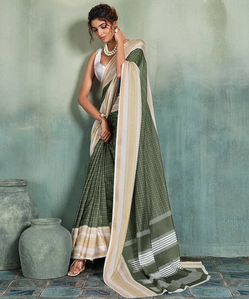 mehendi woven design cotton blend bollywood saree with blouse