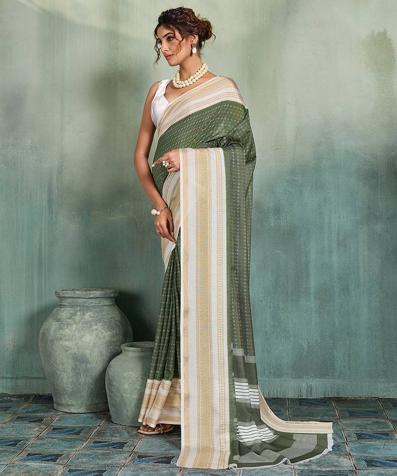 mehendi woven design cotton blend bollywood saree with blouse
