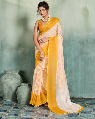 off white woven design cotton blend bollywood saree with blouse 1