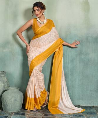 off white woven design cotton blend bollywood saree with blouse 2