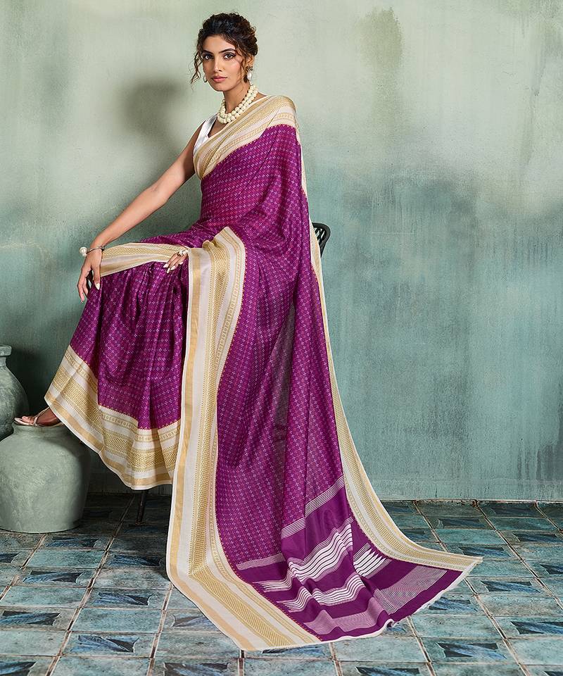 purple woven design cotton blend bollywood saree with blouse