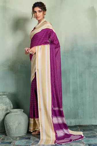 purple woven design cotton blend bollywood saree with blouse