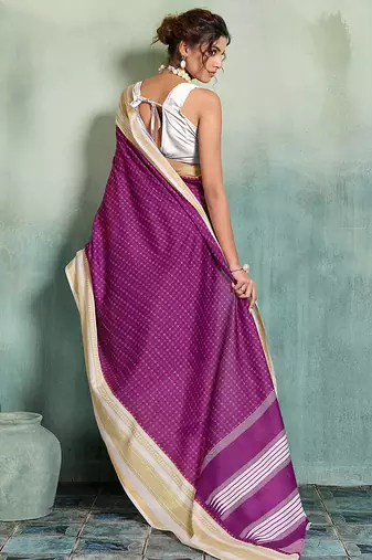 purple woven design cotton blend bollywood saree with blouse