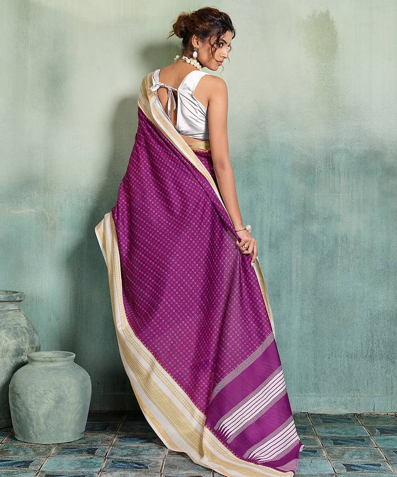 purple woven design cotton blend bollywood saree with blouse