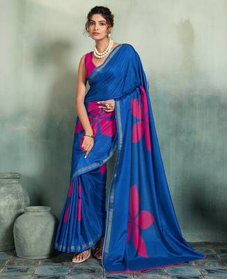 blue floral cotton blend bollywood saree with blouse 1
