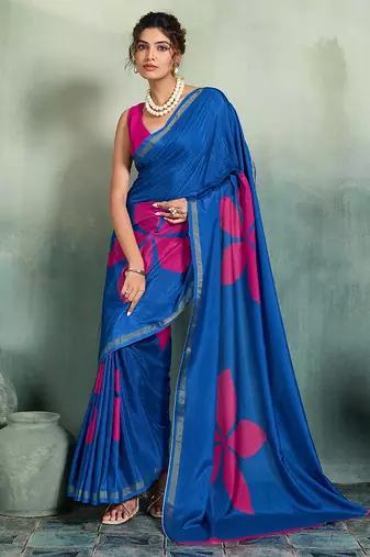 blue floral cotton blend bollywood saree with blouse