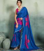 blue floral cotton blend bollywood saree with blouse