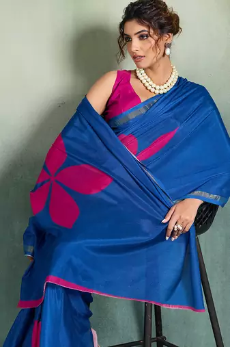 blue floral cotton blend bollywood saree with blouse
