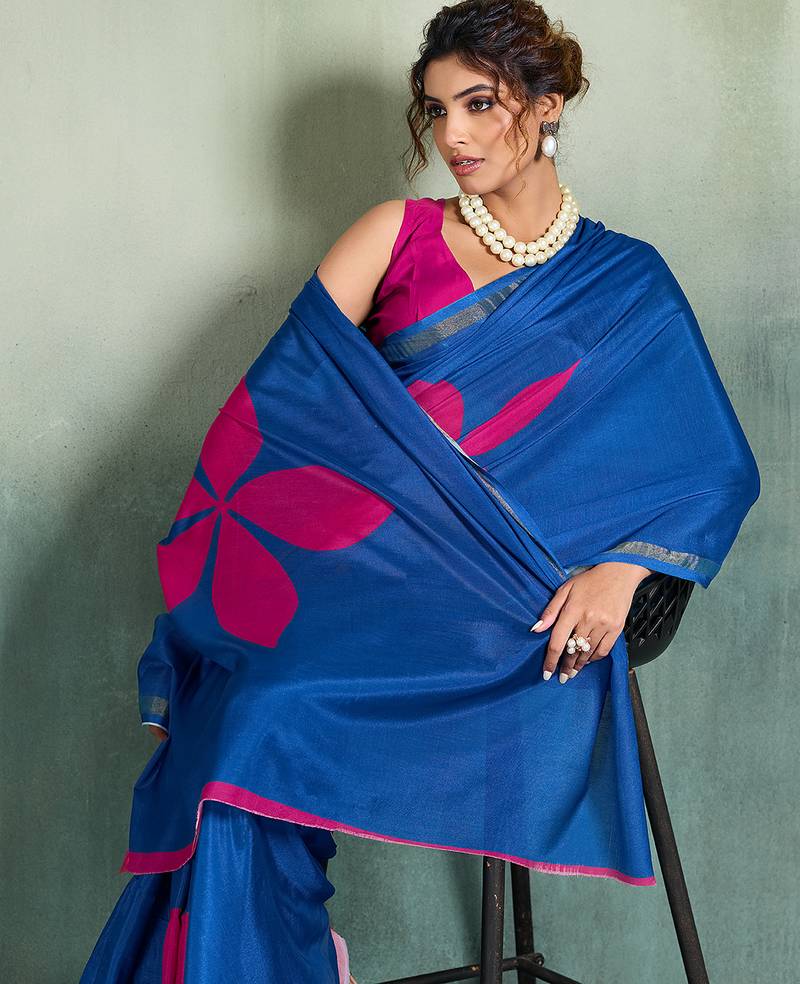 blue floral cotton blend bollywood saree with blouse