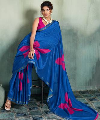 blue floral cotton blend bollywood saree with blouse 3