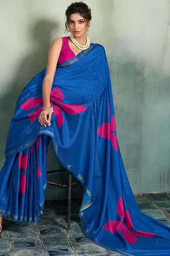 blue floral cotton blend bollywood saree with blouse
