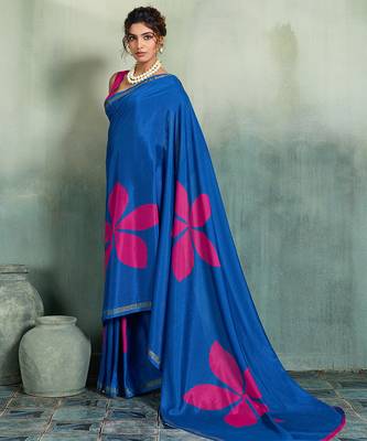 blue floral cotton blend bollywood saree with blouse 4