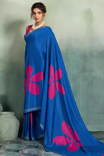 blue floral cotton blend bollywood saree with blouse