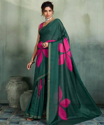 dark green floral cotton blend bollywood saree with blouse 1