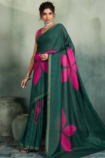 dark green floral cotton blend bollywood saree with blouse