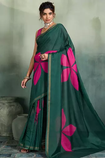 dark green floral cotton blend bollywood saree with blouse