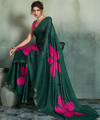 dark green floral cotton blend bollywood saree with blouse 2